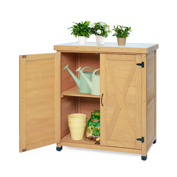 Demi Bonn Potting Bench with Storage Cabinet and Metal Table Top for Outdoor Patio, Outdoor Work Station Table, Light Brown