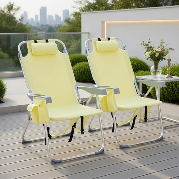 Demi Bonn Premium Adjustable Beach Chair 99 CM Tall Lightweight Aluminum Folding Seat 5 Position Recline Cup Holder Storage Pouch 220 Lbs Capacity Furniture, Yellow