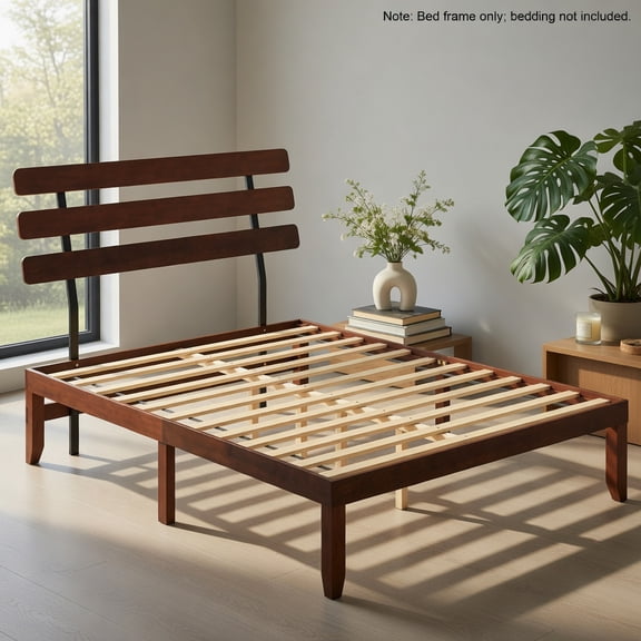 Demi Bonn Queen Size 15.5 Inch Solid Wood Platform Bed, Rustic Wood Grain, 12 Plywood Slats + 3 Adjustable Middle Legs, No Box Spring, Walnut