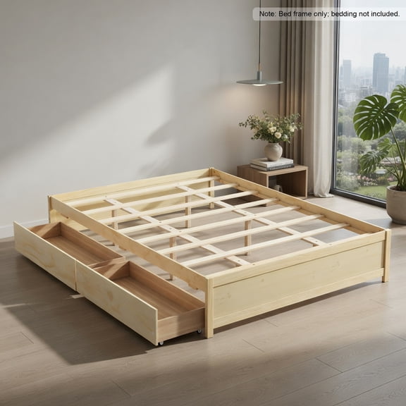 Demi Bonn Queen Size Bed Frame, 2 Adjustable Storage Drawers, Slatted Platform Support, Solid Wood Legs, Ample Under-Bed Space, Natural
