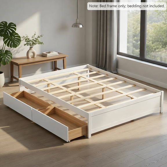 Demi Bonn Queen Size Bed Frame, 2 Rolling Storage Drawers with Stoppers, 8 Plywood Slats, Solid Wood Legs & Center Support, No Box Spring, White