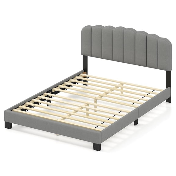 Demi Bonn Queen Size Bed Frame, Adjustable Scalloped Tufted Headboard (2 Heights), Linen Upholstery, 12 LVL Slats, 770LBS Capacity, Gray + Black