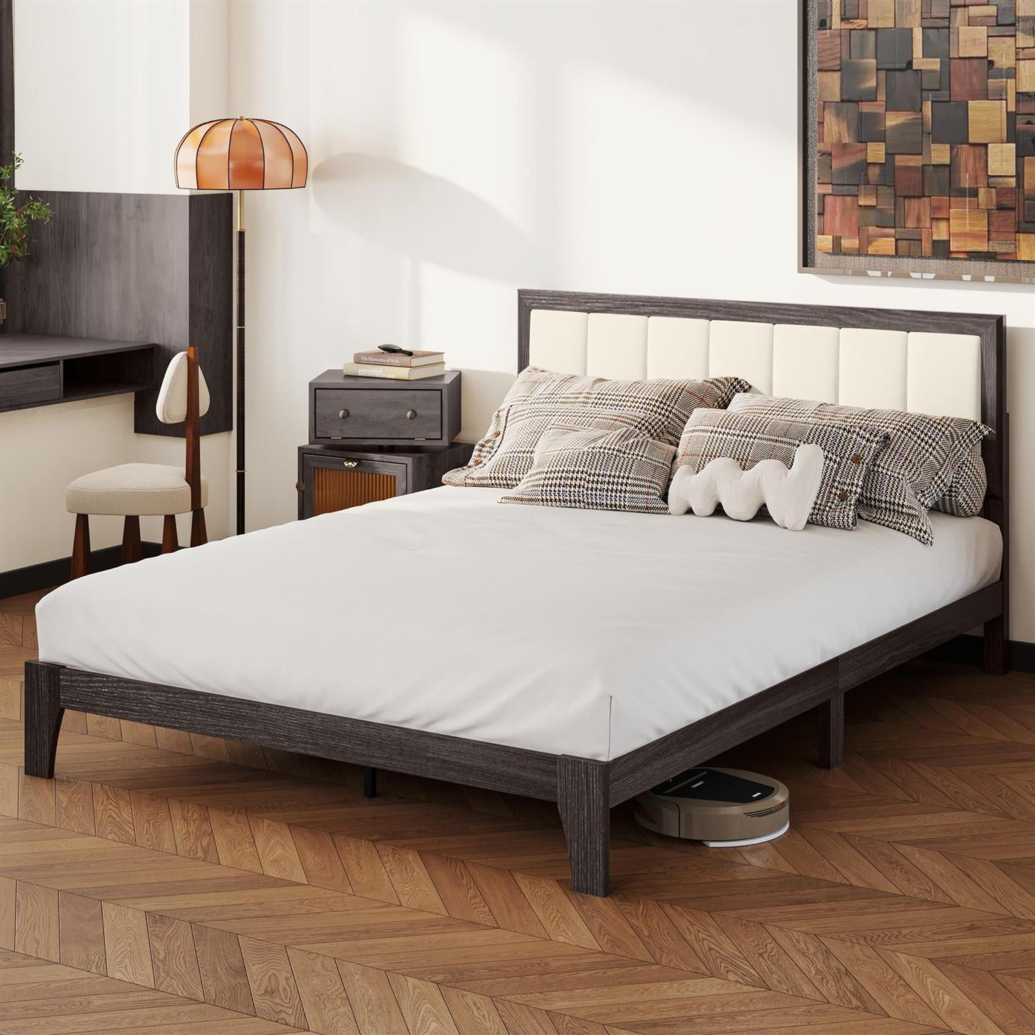 Demi Bonn Queen Size Bed Frame with Headboard, Wood Slats & Modern Platform Style Without a Box Spring, Gray