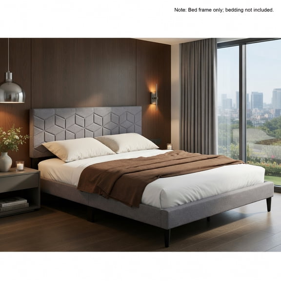 Demi Bonn Queen Size Modern Platform Bed, Linen Fabric Upholstered Headboard, Geometric Quilting, 10 LVL Slats, Low-Profile Design, Gray