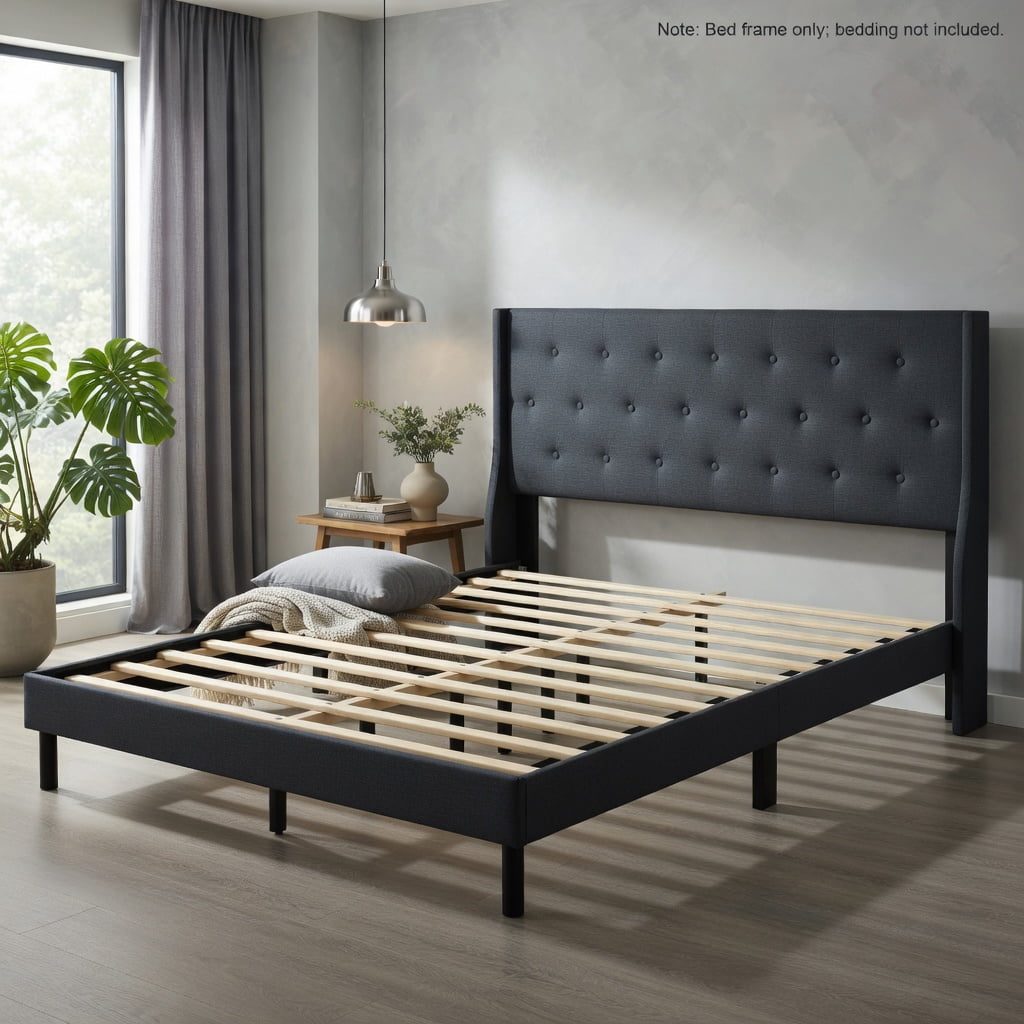 Demi Bonn Queen Size Upholstered Bed Frame, Button Tufted Wingback Headboard, Linen Fabric & Foam, Rubber Wood Legs + Middle Support, Gray