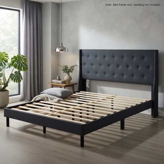Demi Bonn Queen Size Upholstered Bed Frame, Button Tufted Wingback Headboard, Linen Fabric & Foam, Rubber Wood Legs + Middle Support, Gray