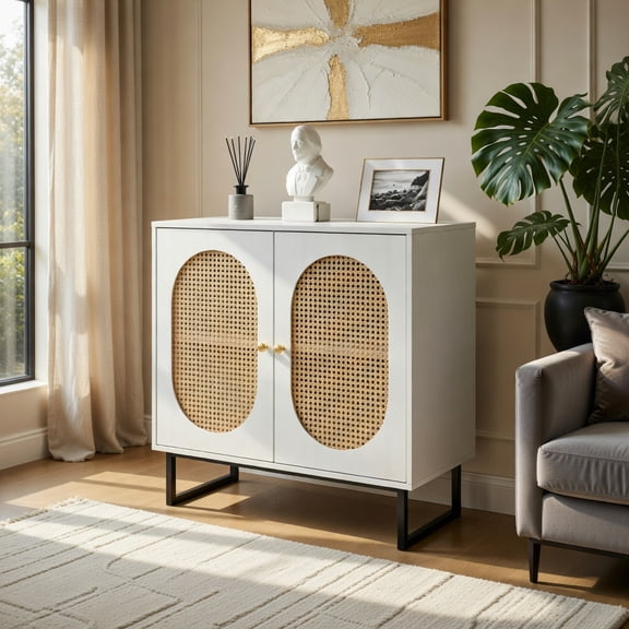 Demi Bonn Rattan Buffet Cabinet,2-Door 3-Position Adjustable Shelf,Anti-Tip Metal Legs,White