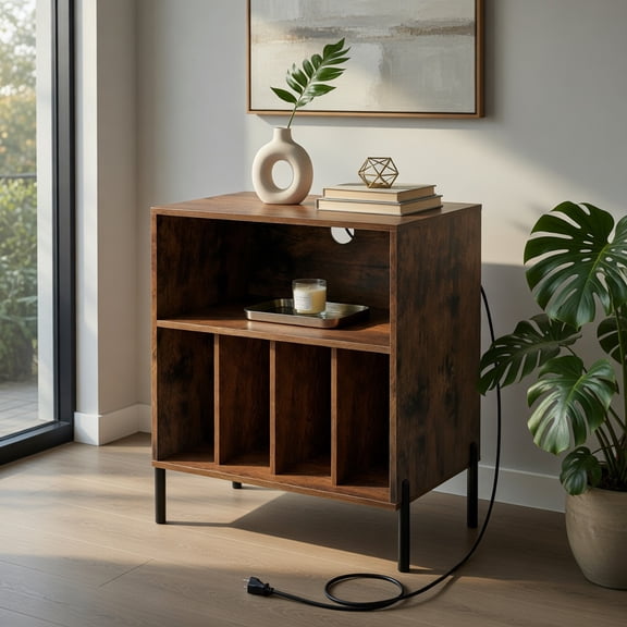 Demi Bonn Record Player Stand, Charging Station, 150 Vinyl Storage, Anti-Tipping Device, Coffee (Brown)