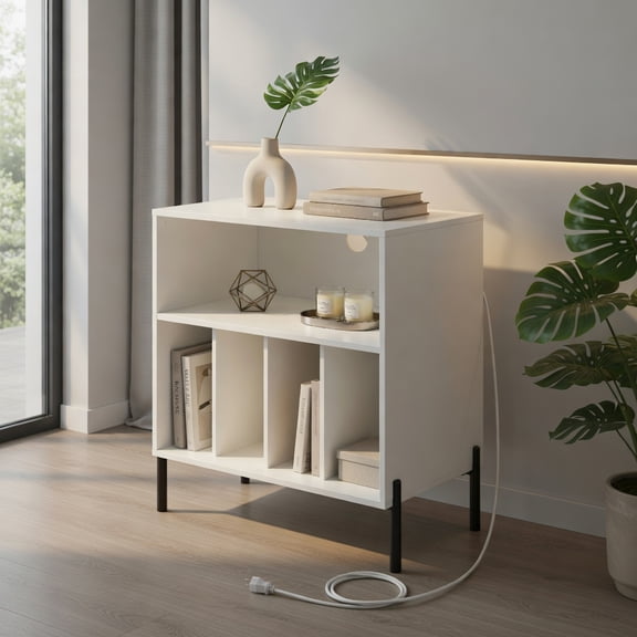 Demi Bonn Record Player Stand, Charging Station, 150 Vinyl Storage, Anti-Tipping Device, White