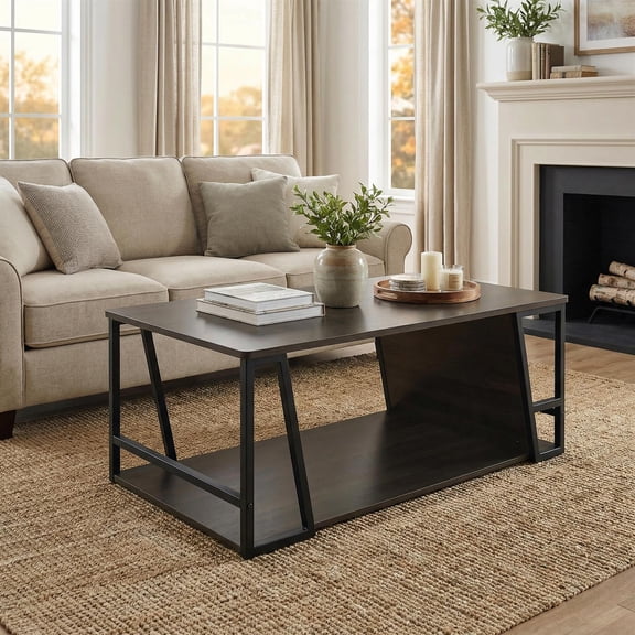 Demi Bonn Rectangle 2-Tier Industrial Coffee Table with Storage Shelf & Compartment, Rustic Wood Look Metal Frame Accent Table with Round Corners for Living Room, Brown