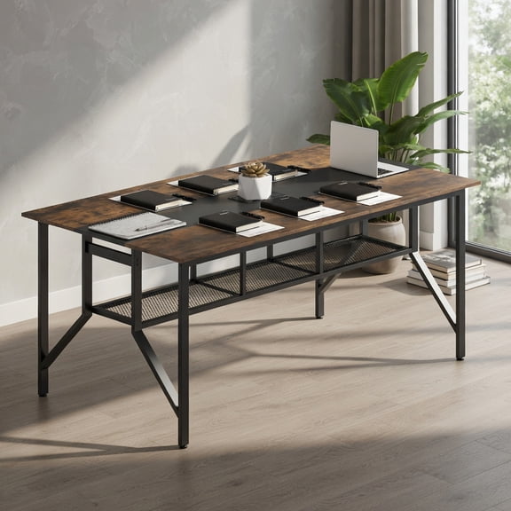 Demi Bonn Rectangular Meeting Table with Mesh Storage Shelf Cable Grommet Heavy Duty Metal Frame Adjustable Foot Pads 265 LBS Capacity Office Conference Desk, Rustic Brown