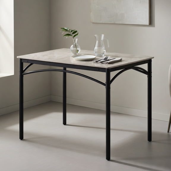 Demi Bonn Rectangular Sintered Stone Dining Table,Metal Frame Triangle Support,Scratch/Waterproof,Grey & Black