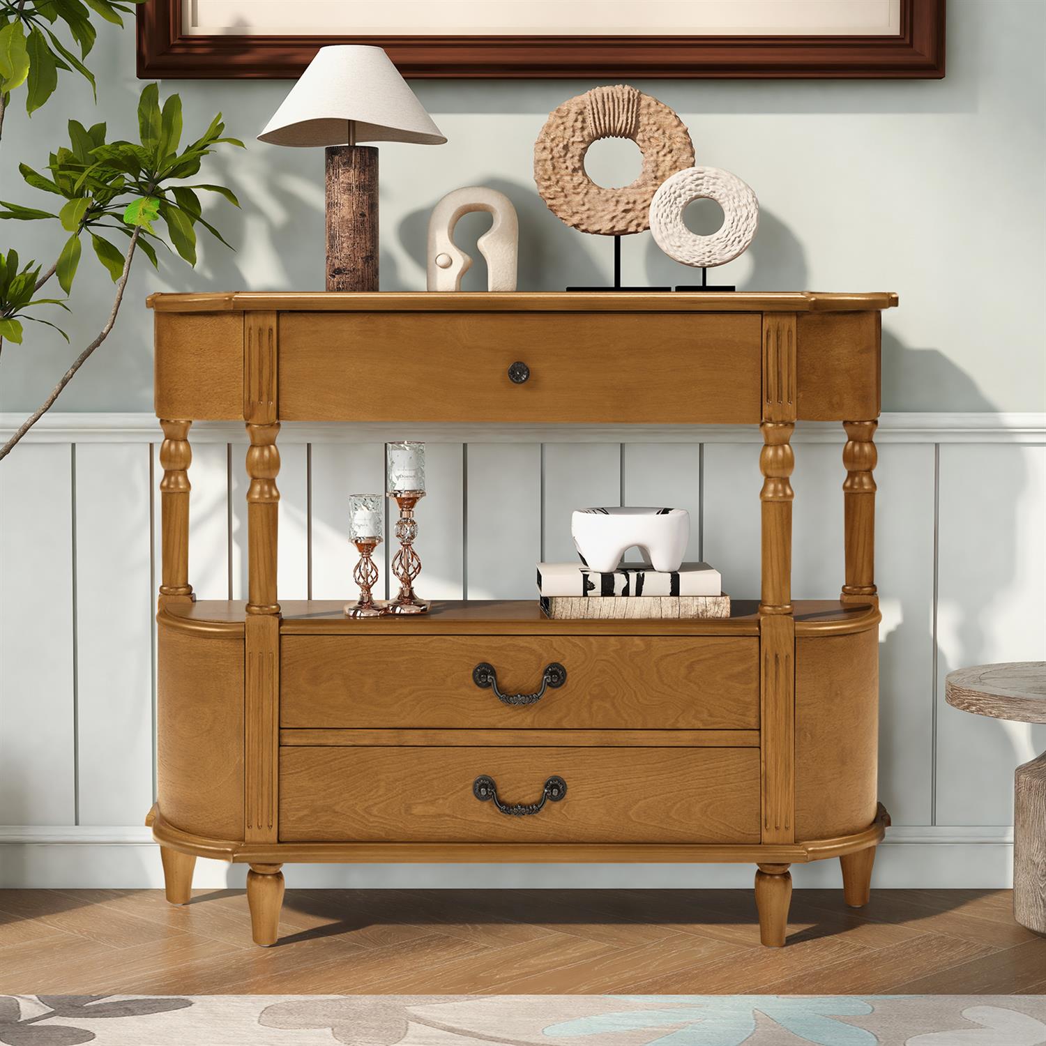 Demi Bonn Retro Curved Wood Console Table, 3-Drawer 43'' Brown Entry ...