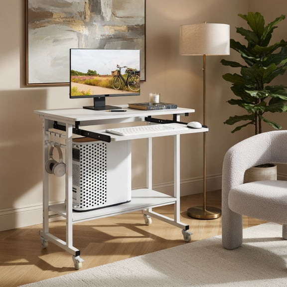 Demi Bonn Rolling Laptop Table with Pull-out Keyboard Tray and Hooks, Mobile Storage Desk for Home Office Bedroom Dorm, Smooth Casters with Brakes, White