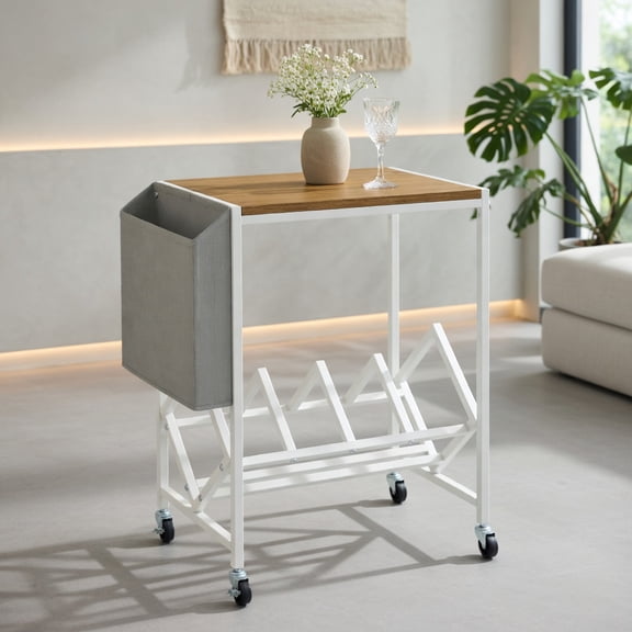 Demi Bonn Rolling Record Player Stand, 2-Tier Vinyl Storage, Magazine Pouch, Lockable Wheels, Natural (Brown)
