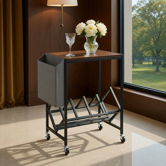 Demi Bonn Rolling Record Player Stand, 2-Tier Vinyl Storage, Magazine Pouch, Lockable Wheels, Rustic Brown