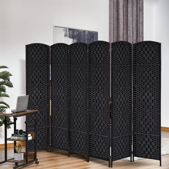 Demi Bonn Room Divider, 6 Panel Folding Privacy Screen, 6ft Tall Portable Wicker Weave Partition Wall Divider for Bedroom, Home Office, Black