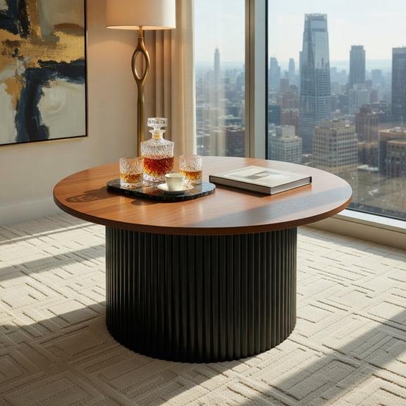 Demi Bonn Round Coffee Table - Solid Wood Frame, Wave-Shaped Supports, Walnut (Natural & Black)