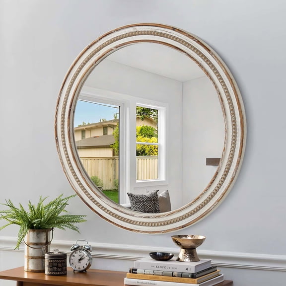 Demi Bonn Round Wall Mirror, 23.62 Inch, Beaded Design, HD Glass, Rustic Style, Antique Natural