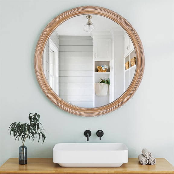 Demi Bonn Round Wall Mirror, 27.5 Inch, Wooden Farmhouse Style, Crystal-Clear, Easy Installation, Antique Natural