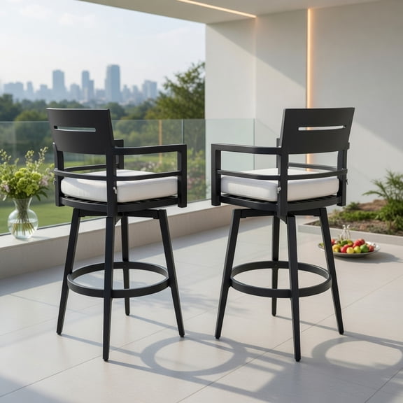 Demi Bonn Set of 2 Modern Outdoor Swivel Bar Stools Ember Black Aluminum Frame 360 Smooth Rotate Ergonomic Sunbrella Cushion Weather Resistant Patio Bar Chair Deck Pool Bar Island Furniture