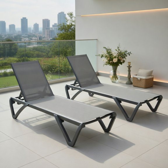 Demi Bonn Set of 2 Outdoor Aluminum Chaise Lounge Chairs 5 Position Adjustable Backrest Breathable Texilene Fabric Stackable Wheeled Patio Poolside Beach Balcony Furniture, Gray