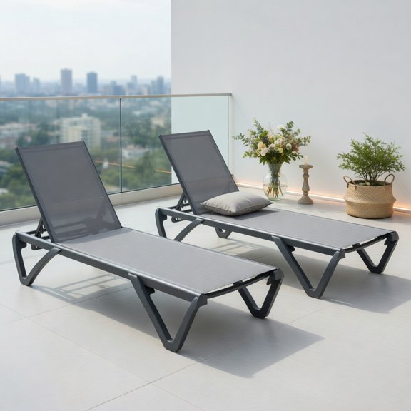 Demi Bonn Set of 2 Outdoor Aluminum Chaise Lounge Chairs 5 Position Adjustable Backrest Weather Resistant Texitilene Fabric Stackable Wheeled Patio Pool Balcony Loungers, Gray