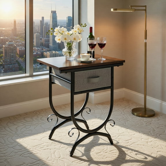 Demi Bonn Side Table with Fabric Drawer, Carved Metal Frame & Adjustable Foot Pads, Gray