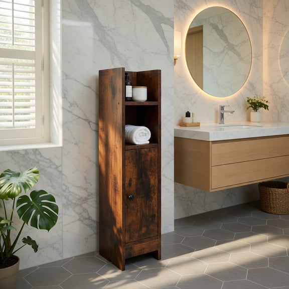 Demi Bonn Slim Bathroom Corner Cabinet, 1 Door Adjustable Shelves, Rustic Finish, Rustic Brown