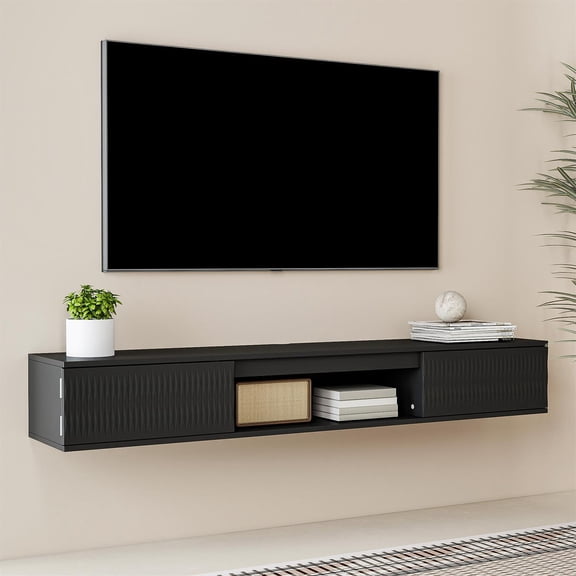 Demi Bonn Wall-Mounted Floating TV Cabinet with LED Twisted Pattern, 16-Color Remote Control, 50kg Load Capacity, Black