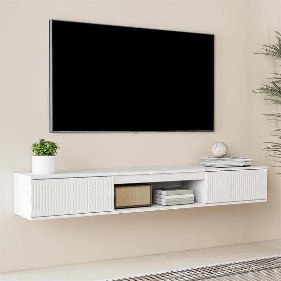 Demi Bonn Wall-Mounted Floating TV Cabinet with LED Twisted Pattern, 16-Color Remote Control, 50kg Load Capacity, White