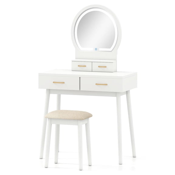 Demi Bonn Small Vanity Set, Touch-Control LED Mirror Multi-Compartment Drawers, Solid Wood Legs Anti-Slip Pads, with Cushioned Stool, White