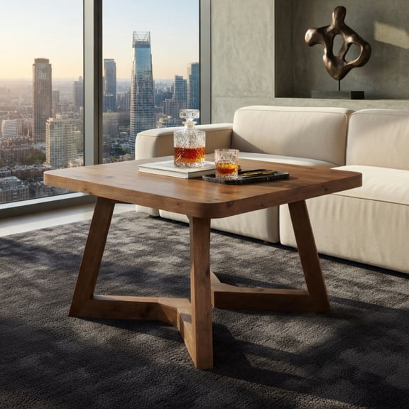 Demi Bonn Solid Fir Wood Square Coffee Table, 31" Farmhouse Living Room Center Table with Vintage Brown Finish, Rounded Corners & Double Pedestal Base, Brown