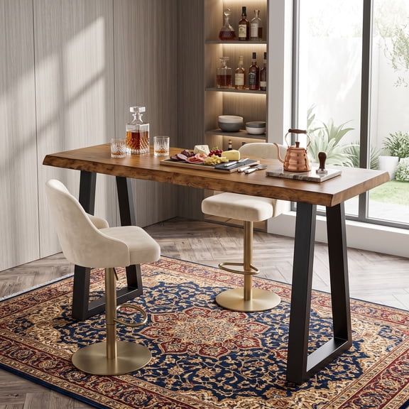 Canddidliike Solid Pine Wood Bar Table 63" Counter Height Table with Industrial Metal Legs, Live Edge Top, 350 lb Capacity, Easy 30-Min Assembly, Brown
