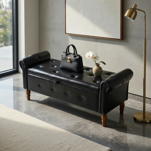 Demi Bonn Solid Wood Leg Storage Ottoman Bench, 500 lb Capacity, Button-Tufted Faux Leather Footstool with Safety Slow-Close Hinge for Bedroom, Entryway & Living Room, Black