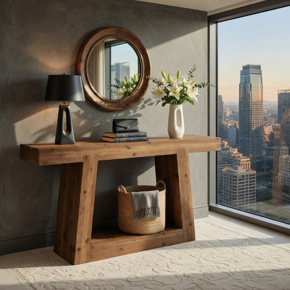 Demi Bonn Solid Wood Narrow Console Table, Rustic Farmhouse Entryway Table with 2-Tier Open Shelving, 55" L x 12" D x 32" H, Brown