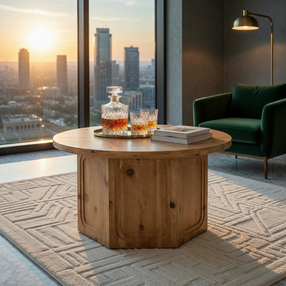 Demi Bonn Solid Wood Round Coffee Table with Hexagonal Pedestal, Modern Low Center Table for Living Room, Home Office & Small Spaces, Easy Assembly, Brown