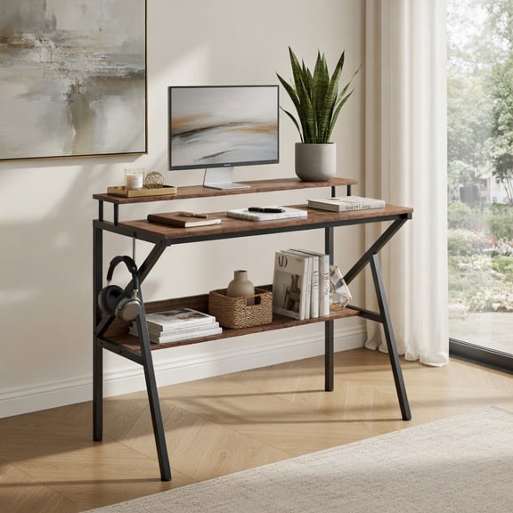 Demi Bonn Space-Saving Computer Desk, Elevated Monitor Stand, R-Shaped Frame, with Monitor Stand and Extra Storage Shelf for Work Study-Rustic Brown