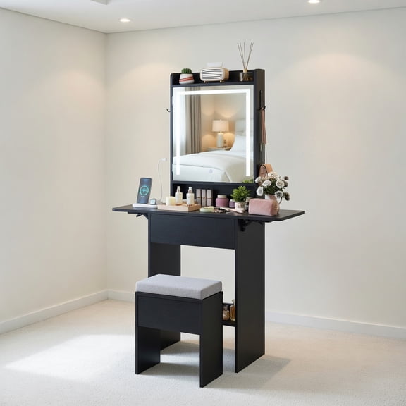 Demi Bonn Space-Saving Vanity Desk with LED Mirror and Lights, Makeup Station with Storage for Bedroom, Foldable Design, Black