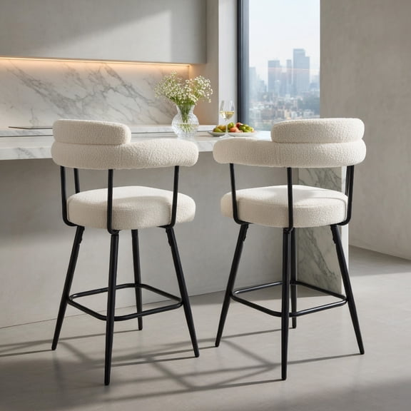 Demi Bonn Swivel Bar Stools Set of 2, Counter Height Curved Back with Arms, Padded Upholstered Barstools, White