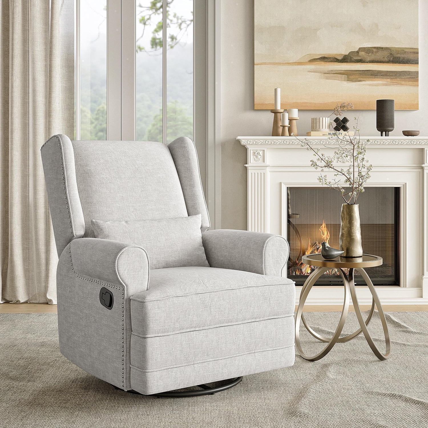 Demi Bonn Swivel Glider Rocking Recliner Chair, Lumbar Pillow, Footrest, Upholstered, Nursery, Bedroom, Light Gray