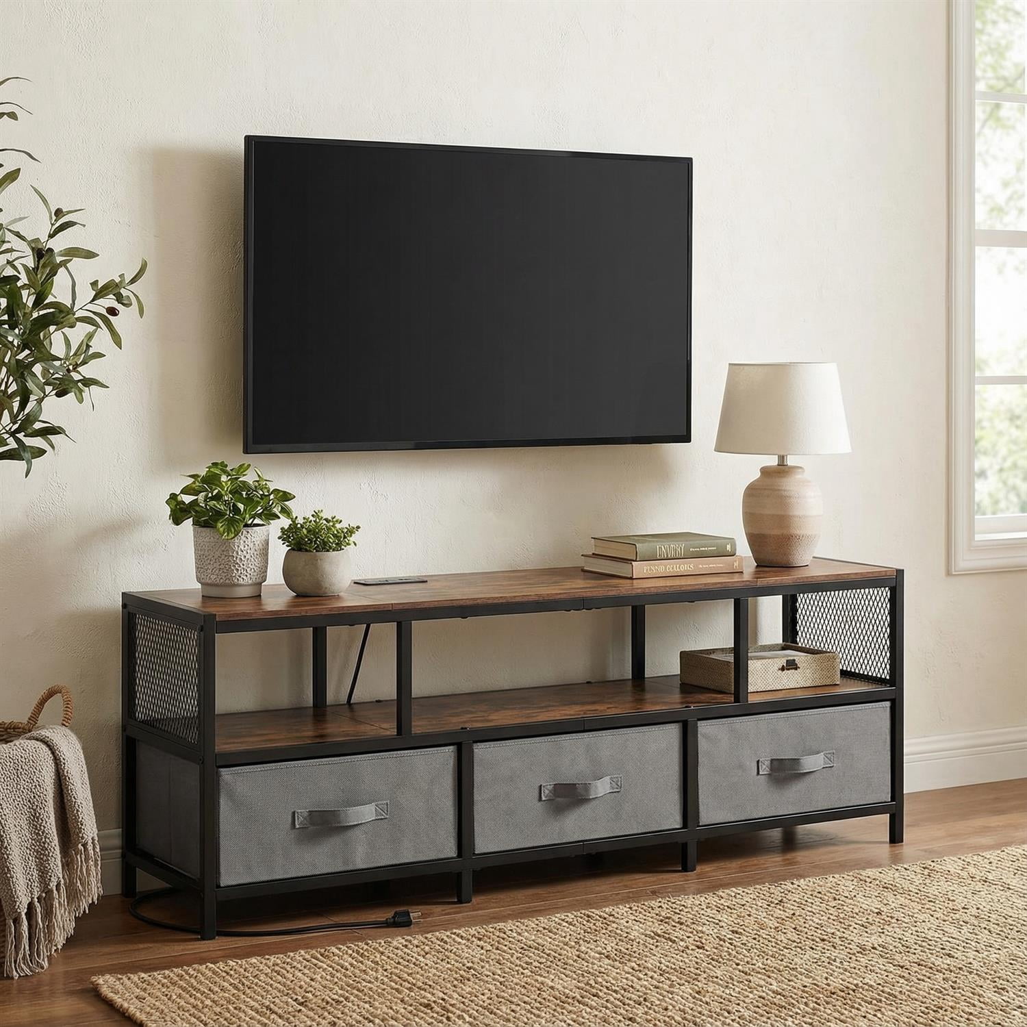 Demi Bonn TV Stand Fits 65 Inch TV, Built-in Power Outlets USB Charging ...