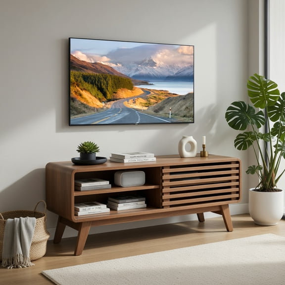 Demi Bonn TV Stand for TVs up to 55" with Sliding Door & Adjustable Shelves, Compact Wooden Entertainment Center for Bedroom Small Living Room, Brown