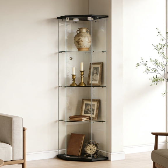 Demi Bonn Tempered Glass 5-Sided Display Cabinet, Corner Cabinet, Liquor Cabinet, LED Lights, Locks, Black