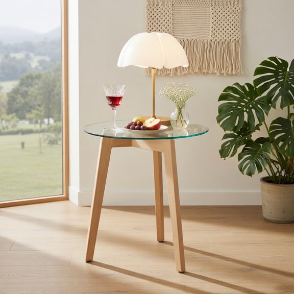 Demi Bonn Tempered Glass Round End Table, Solid Rubber Wood Structure, Anti-Slip Aluminum Discs, 1-Piece, Brown