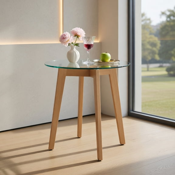 Demi Bonn Tempered Glass Round End Table, Solid Rubber Wood Structure, Anti-Slip Aluminum Discs, Set of 2, Brown
