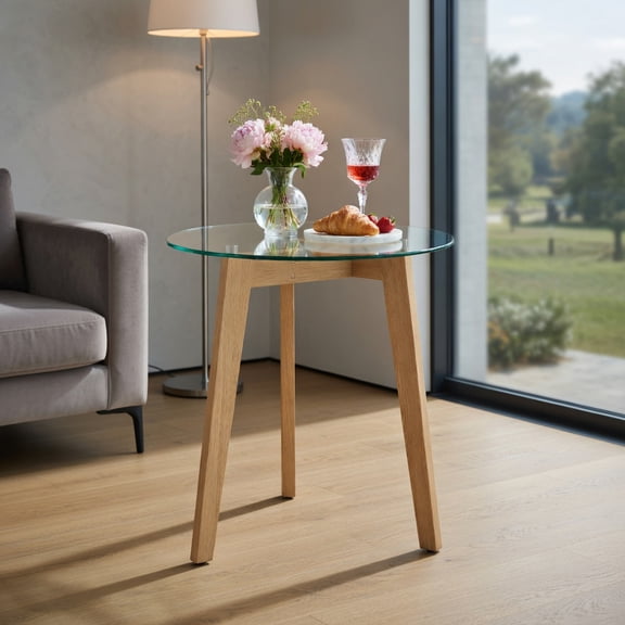 Demi Bonn Tempered Glass Round End Table, Solid Rubber Wood Structure, Anti-Slip Aluminum Discs, Set of 2, Brown