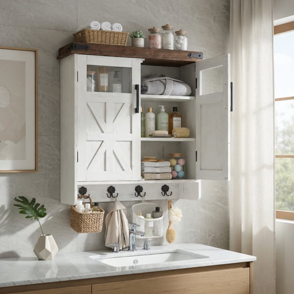 Demi Bonn Over the Toilet Bathroom Wall Cabinet with 3-Tier Adjustable Shelves, Rounded Safety Design & Built-in Towel Hook, Space-Saving Storage for Bathroom, Kitchen or Garage