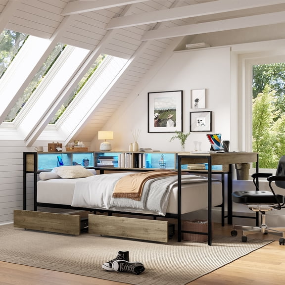 Demi Bonn Twin Size Corner Bed Frame with Bookcase and 2 Underbed Storage Drawers, Modern Bed with LED Light and Charging Station, Gray