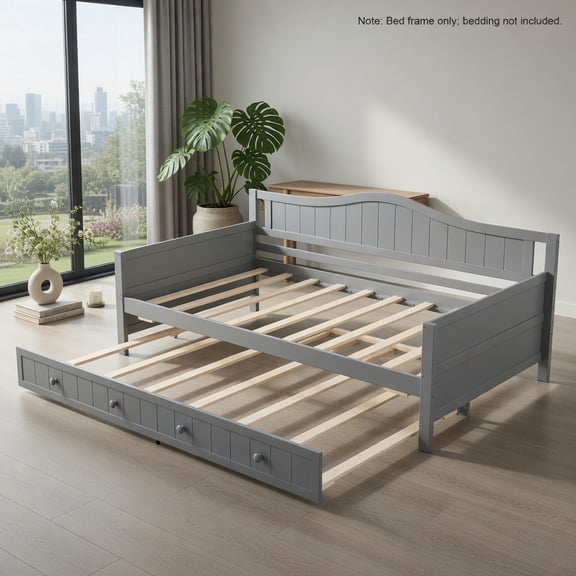 Demi Bonn Twin Size Daybed, 2-in-1 Sofa/Bed with Trundle, Rolling Wheels & Knobs, Plywood Slats Support, Curved Backrest & Armrests, Gray